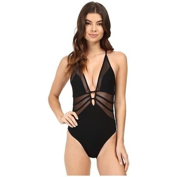 JETS by Jessika Allen US Sz 4 Black Mesh Deep Plunge One-Piece Retails $178 - Picture 1 of 7